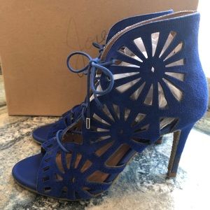 Joie Strappy Sandal Cutout Heel Blue Suede